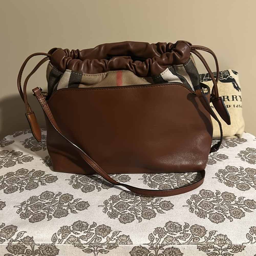 Burberry Brown Leather Drawstring Crossbody with Check Trim - Picture 6 of 16
